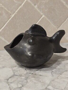 Vintage Black Clay Zoomorphic Fish Pottery Signed Lama Barro Negro Folk Art Pot
